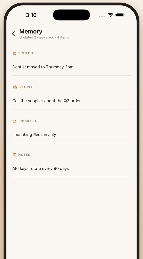 Remi's memory screen listing what it remembers, grouped by schedule, people, projects and notes.